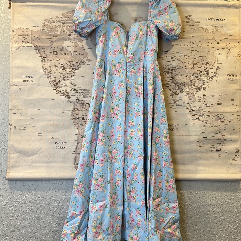 House of CB Tallulah Blue Vintage Floral Puff Sleeve Midi Dress NWT - Picture 10 of 10